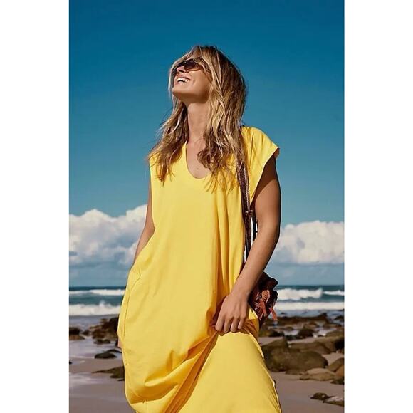 Free People Beach Carta Tee Shirt Midi Dress Yellow Womens Small Cotton V-Neck - Picture 1 of 13